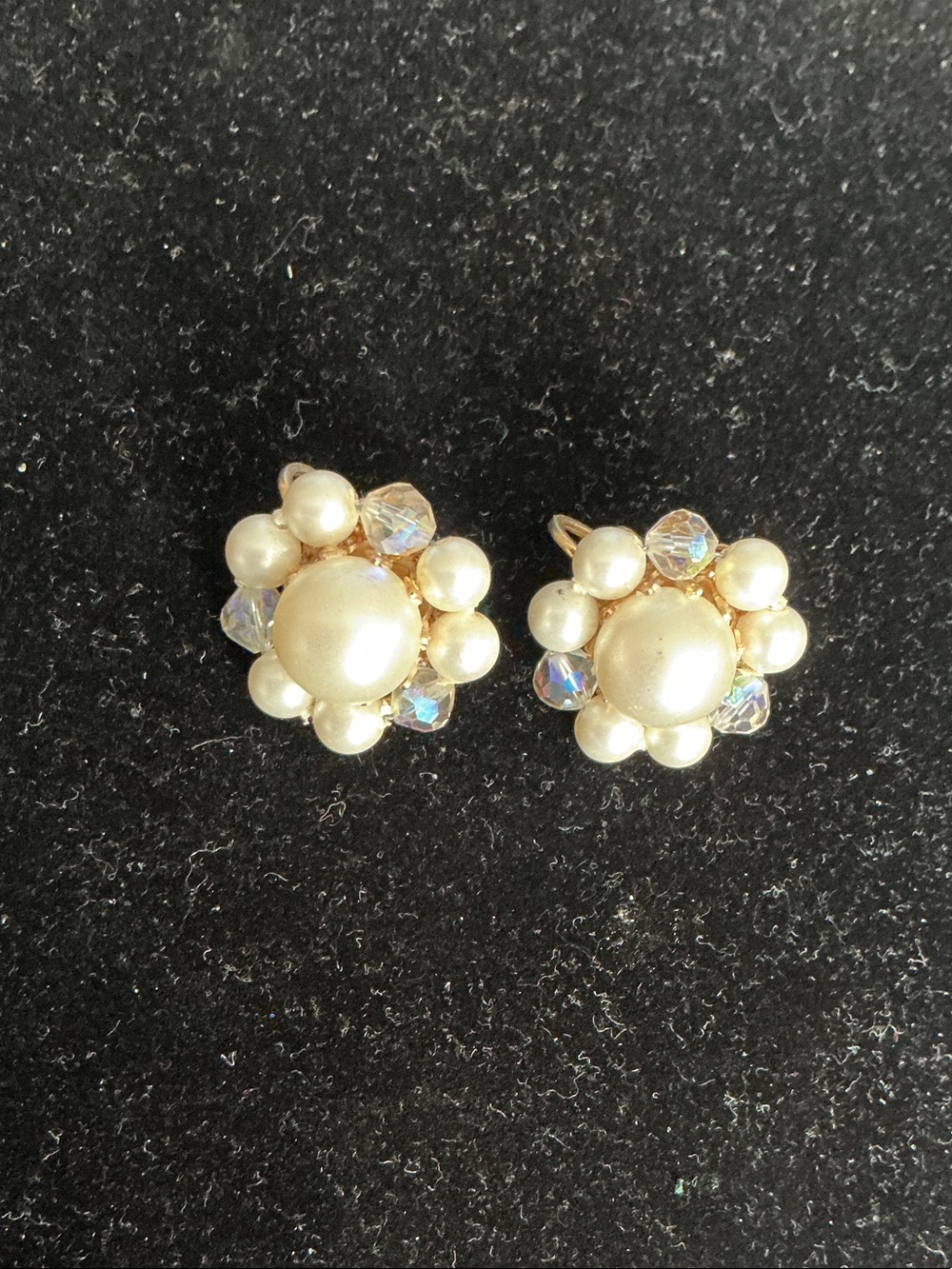 Gold-Tone Ivory Pearl and Aurora Crystal Cluster Clip-On Earrings